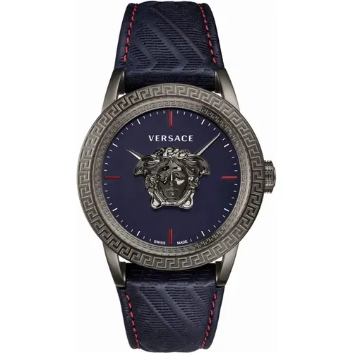 Watches, male, , Size: ONE SIZE Empire Leather Grey Steel Watch - Versace - Modalova