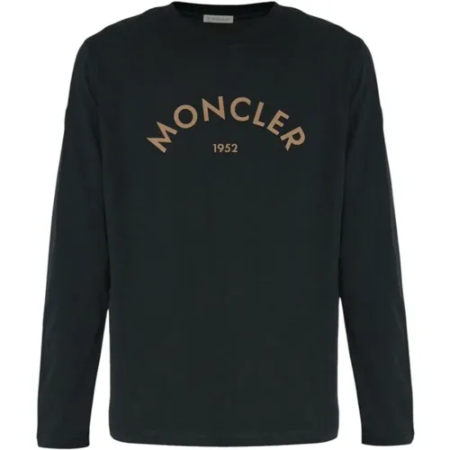 Sweatshirts, male, , Size: M Navy Rubberized Logo Long Sleeve T-Shirt - Moncler - Modalova