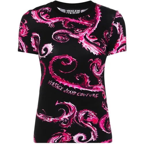 Chromo Couture T-shirt Black Fuchsia Print , female, Sizes: XS - Versace Jeans Couture - Modalova