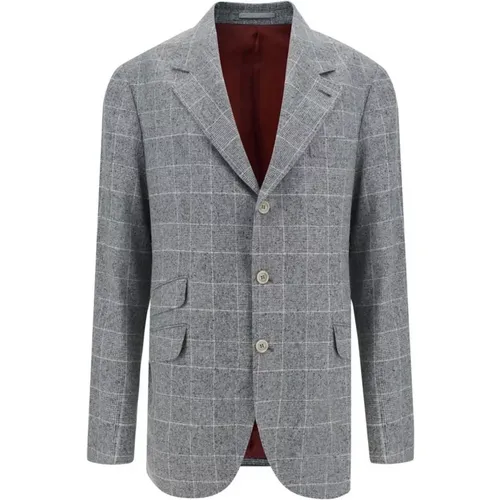 Blazers, male, , Size: 2XL Check Pattern Silk Blazer Jacket Classic - BRUNELLO CUCINELLI - Modalova