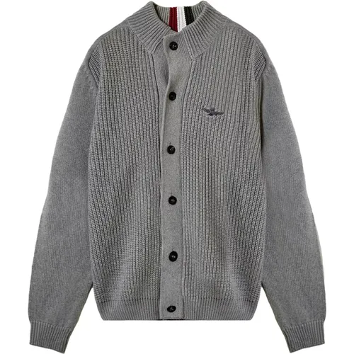 Cardigans, male, , Size: M Men's Cotton Cardigan with English Rib Ma1454 Grey - aeronautica militare - Modalova