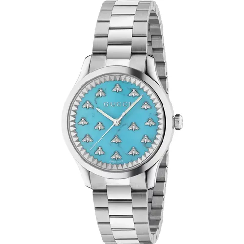 Watches, female, , Size: ONE SIZE 32 mm steel case, Acquamarine stone dial with bees, steel bracelet - Gucci - Modalova