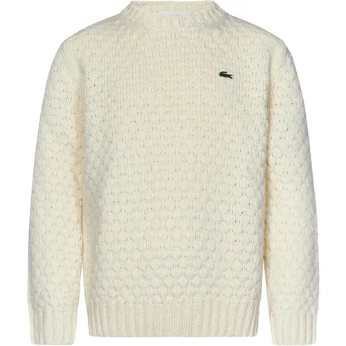 Round-neck Knitwear, male, , Size: M White Wool Ball Motif Sweater - Lacoste - Modalova