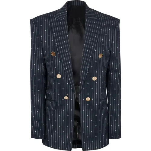 Monogrammed 6-button wool jacket with thin stripes - Balmain - Modalova