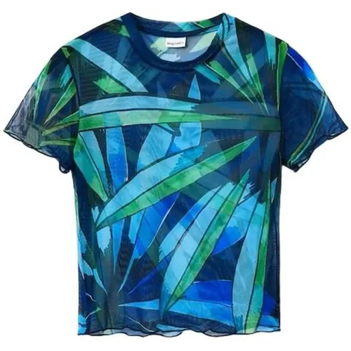 Blau Bedrucktes Kurzarm T-Shirt , Damen, Größe: L - Desigual - Modalova