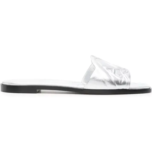 Sliders, female, , Size: 6 US Silver Metallic Seal Logo Sandals - alexander mcqueen - Modalova