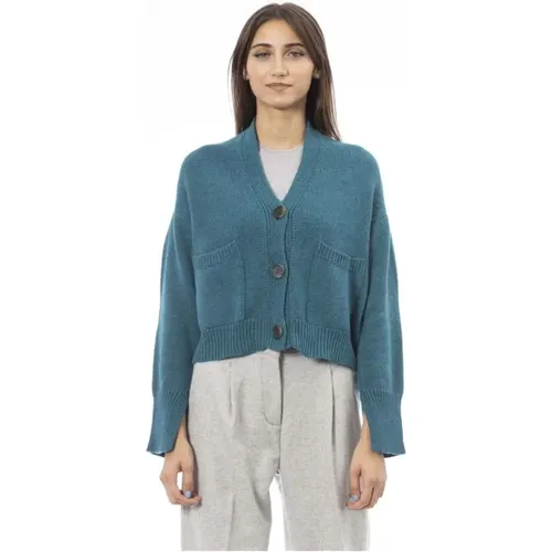 Cardigans, female, , Size: S Teal Merino Wool Knit Cardigan - Alpha Studio - Modalova