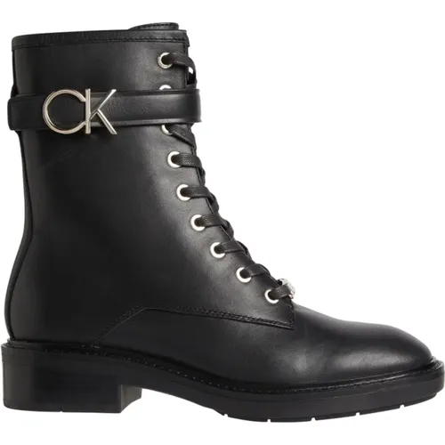 Schwarze Leder-Kampfstiefel mit Gummisohle , Damen, Größe: 37 EU - Calvin Klein - Modalova