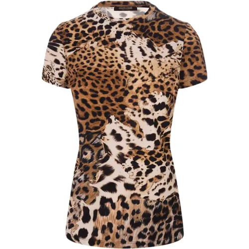 Leopardenmuster Stretch Baumwoll T-Shirt , Damen, Größe: M - Roberto Cavalli - Modalova
