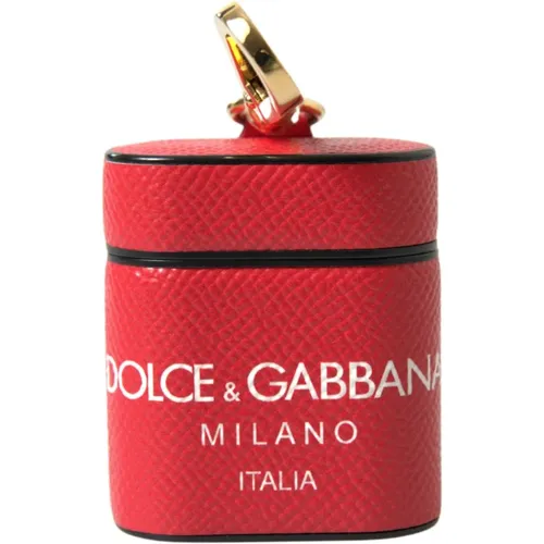 Rotes Leder Airpods Hülle mit goldfarbenem Metall-Logo-Druck , Damen, Größe: ONE Size - Dolce & Gabbana - Modalova