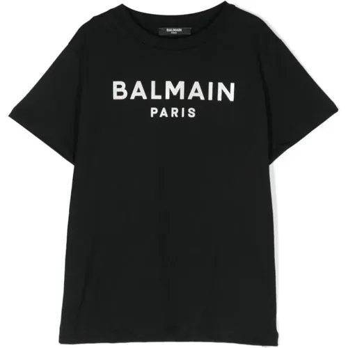 Schwarzes Baumwoll-Jersey T-Shirt mit Iridescent Logo Print - Balmain - Modalova