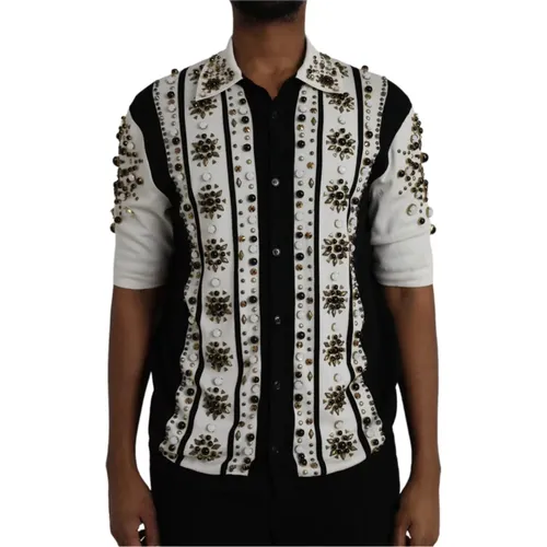 Black White Silk Shirt with Studs and Crystals , male, Sizes: L - Dolce & Gabbana - Modalova