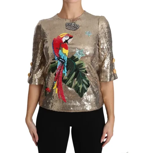 Blouses, female, , Size: 3XS Gold Sequined Parrot Crystal Blouse - Dolce & Gabbana - Modalova