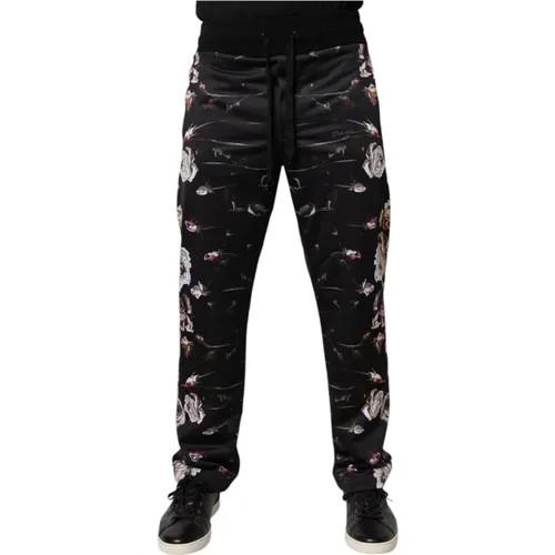 Slim-fit Trousers, male, , Size: XS Black Floral Jogger Pants with Logo - Dolce & Gabbana - Modalova
