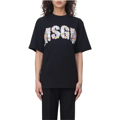 Schwarzes T-Shirt mit Glitzer-Frontdruck , Damen, Größe: M - Msgm - Modalova
