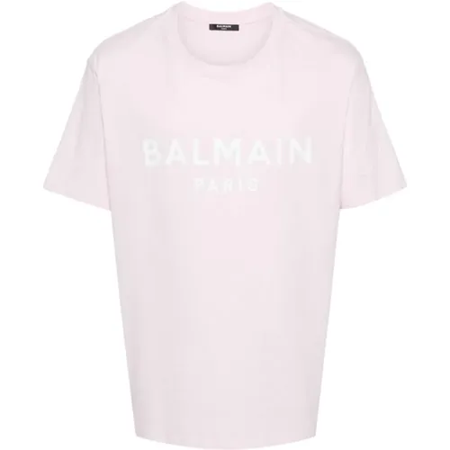 Rosa Weißes Logo-Print T-Shirt , Herren, Größe: M - Balmain - Modalova