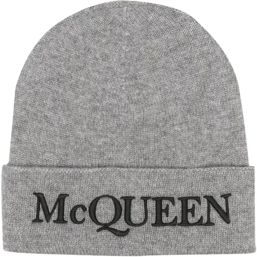 Beanies, male, , Size: M Grey Cashmere Beanie Hat Embroidered Logo - alexander mcqueen - Modalova