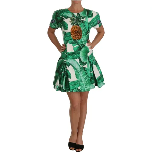 A-Line Banana Leaf Pineapple Crystal Dress , female, Sizes: 3XS, XS - Dolce & Gabbana - Modalova