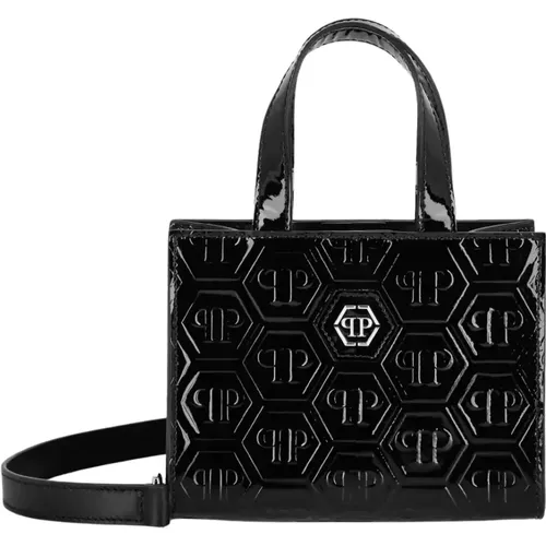 Handbags, female, , Size: ONE SIZE Monogrammed Patent Handbag with Panther Print - Philipp Plein - Modalova