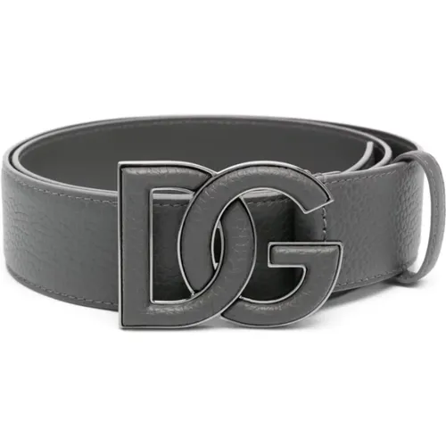 Belts, male, , Size: 100 CM Grained Grey Leather Logo Belt - Dolce & Gabbana - Modalova