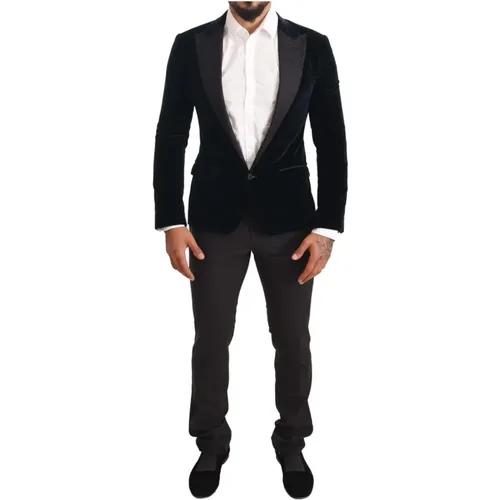 Single Breasted Suits, male, , Size: S Black Velvet Two-Piece Suit, Slim Fit - Dolce & Gabbana - Modalova