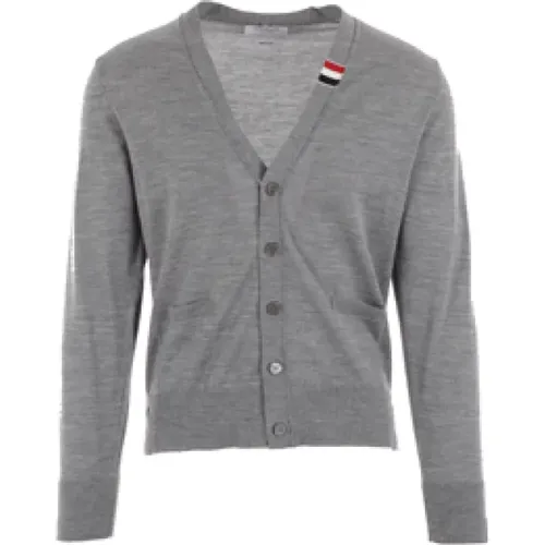 Cardigans, male, , Size: L Grey Wool Cardigan with Tricolor Intarsia - Thom Browne - Modalova