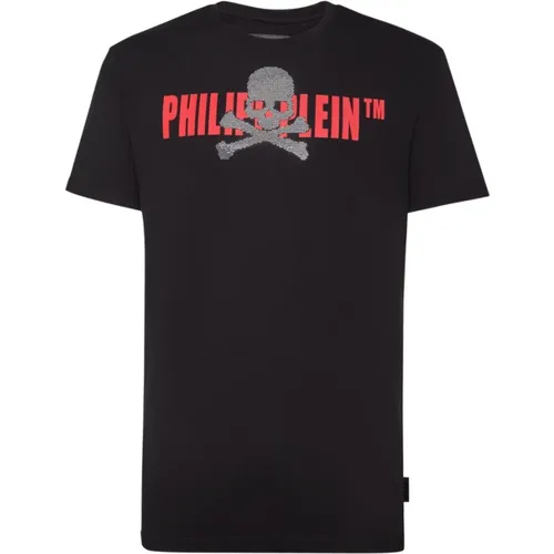 Skull Strass Rundhals T-Shirt , Herren, Größe: M - Philipp Plein - Modalova