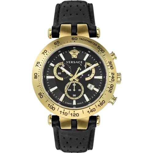 Watches, male, , Size: ONE SIZE Bold Chrono Black Leather Gold Watch - Versace - Modalova