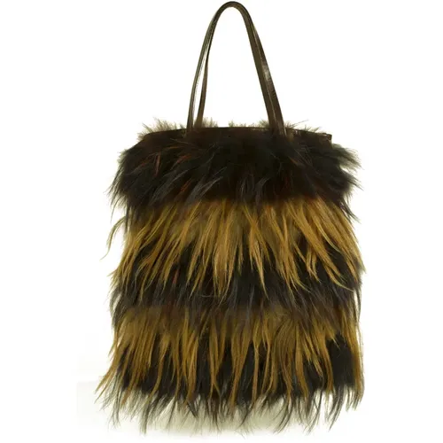 Pre-owend Long Hair Fox Stripped Fur Leather Shoulder Bucket Tote Bag Handbag , female, Sizes: ONE SIZE - Fendi Vintage - Modalova