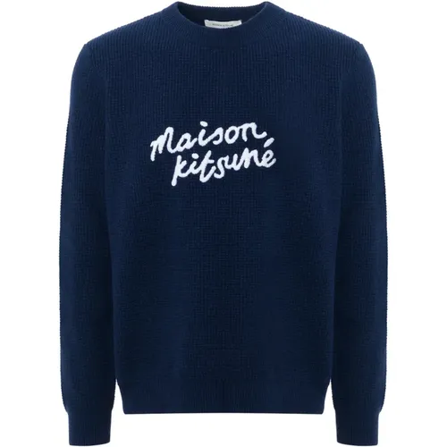 Blauer Wollpullover mit weißem Logo , Herren, Größe: S - Maison Kitsuné - Modalova