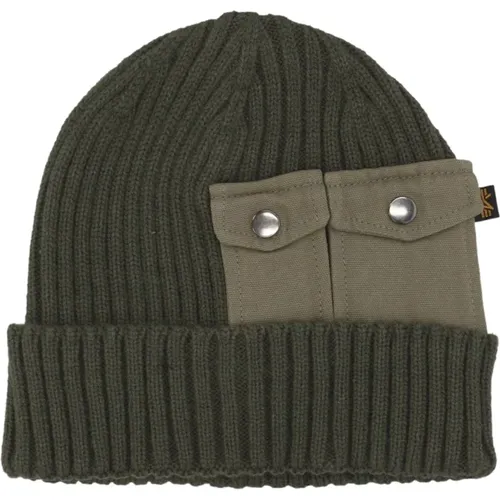 Dunkelolive Utility Beanie mit geripptem Bündchen - alpha industries - Modalova