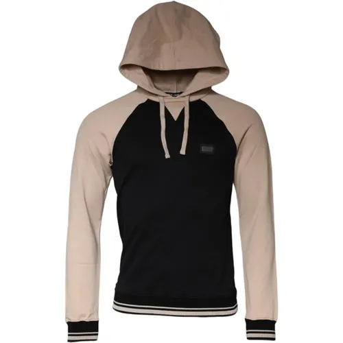 Hoodies, male, , Size: S Beige Hooded Sweater Logo Plaque - Dolce & Gabbana - Modalova