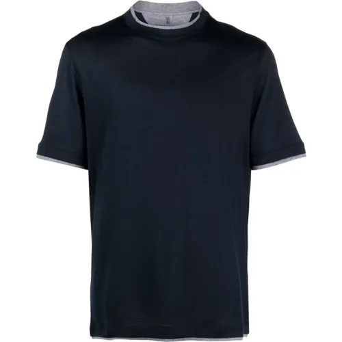 Blaue Seiden-Baumwollmischung T-shirts und Polos , Herren, Größe: L - BRUNELLO CUCINELLI - Modalova