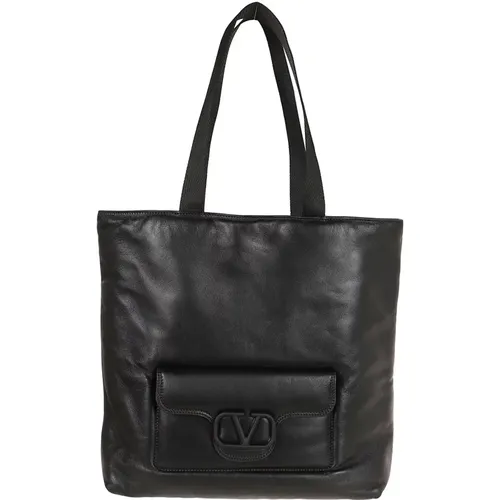 Tote Bags, male, , Size: ONE SIZE Noir Shopping Bag with Vlogo Patch - Valentino Garavani - Modalova