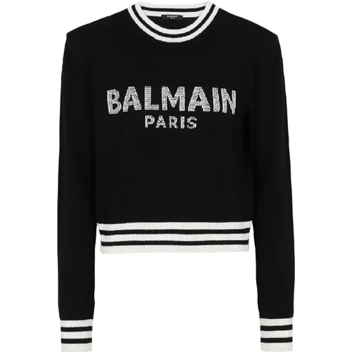 Cropped-Sweatshirt aus Wolle mit weißem -Logo - Balmain - Modalova