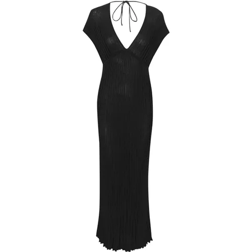 Schwarzes Plissiertes Langes Kleid mit V-Ausschnitt - Gestuz - Modalova