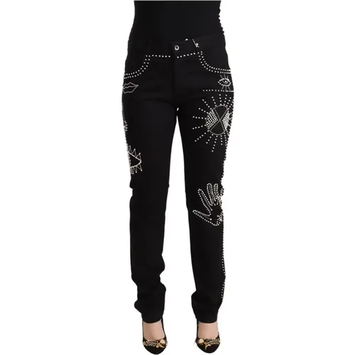 Schwarze Baumwoll-Mid-Waist-verzierte Slim Fit Jeans , Damen, Größe: W30 - Valentino - Modalova