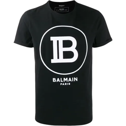 Schwarzes Baumwoll-T-Shirt mit dickem weißem Flock-B-Logo - Balmain - Modalova
