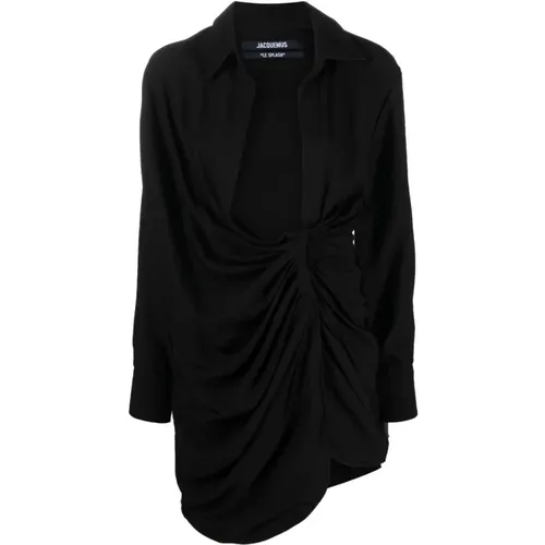 Schwarzes Drapiertes V-Ausschnitt Shirt Minikleid , Damen, Größe: 2XS - Jacquemus - Modalova