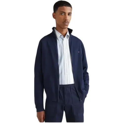 Zip-throughs, male, , Size: S Zippered Cotton Blend Cardigan - Tommy Hilfiger - Modalova