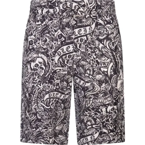 Casual Shorts, male, , Size: L Tattoo Pattern Silk Shorts - Philipp Plein - Modalova