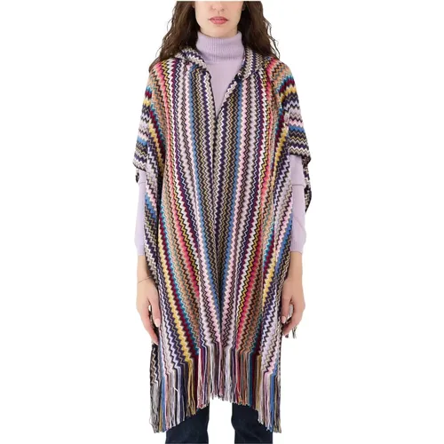 Capes, female, , Size: ONE SIZE Zig Zag Hooded Poncho with Fringes - Missoni - Modalova