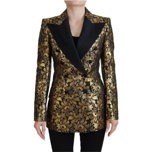 Blazers, female, , Size: XS Black Gold Jacquard Coat Blazer Jacket - Dolce & Gabbana - Modalova