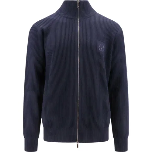 Blauer Sweatshirt mit Reißverschluss, Made in Italy, 100% Reine Wolle - Giorgio Armani - Modalova