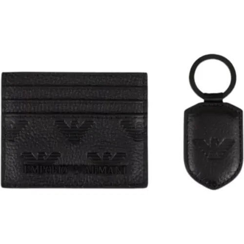 Embossed Eagle Leather Cardholder and Keychain Set , male, Sizes: ONE SIZE - Emporio Armani - Modalova