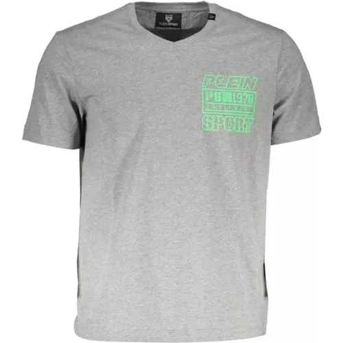 Bedrucktes Logo V-Ausschnitt T-Shirt in Grau , Herren, Größe: M - Plein Sport - Modalova