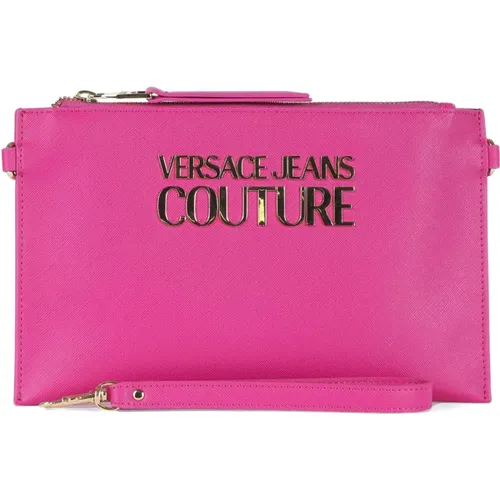 Clutches, female, , Size: ONE SIZE Logo Front Saffiano Clutch - Versace Jeans Couture - Modalova