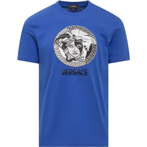 Blaues T-Shirt mit Rundhalsausschnitt und gesticktem Medusa-Logo - Versace - Modalova