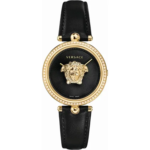 Watches, female, , Size: ONE SIZE Empire Black Leather Gold Diamond Watch - Versace - Modalova