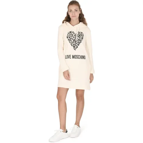 Leopardenherz-Hoodie-Kleid Creme Weiß , Damen, Größe: S - Love Moschino - Modalova